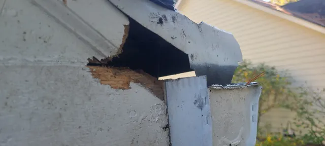 Flashing sealing a squirrel entry at the gutter · Neuse Crossing, Raleigh